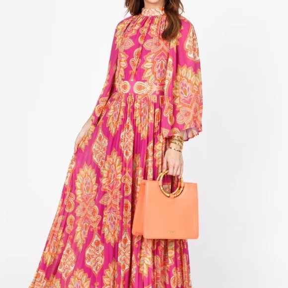 Avara Dresses & Skirts - NWT High Neck Pink and Orange Paisley Pleated Open Back Maxi Dress Size XL